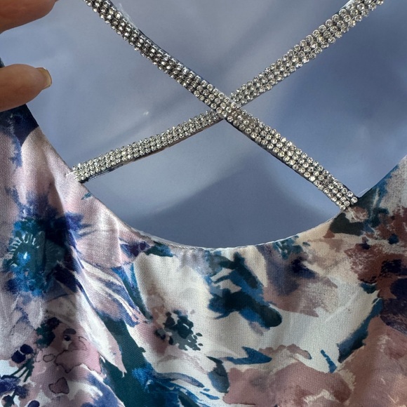 MSK Rhinestone Trim‎ Cape Overlay Dress Blue/Pink Floral Sleeveless Stretch Sz L - Picture 8 of 13